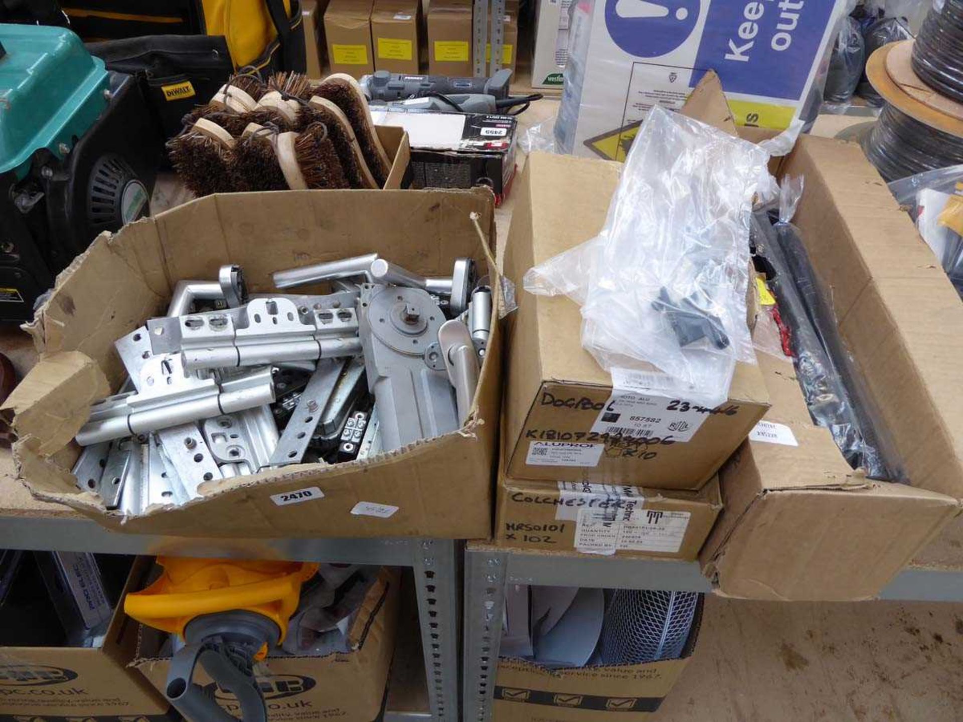 Box containing various door handles, hinges, etc. with 3 boxes of various vents and fixings