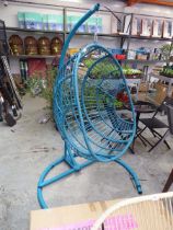 Blue rattan single seater hanging egg chair (no cushions)