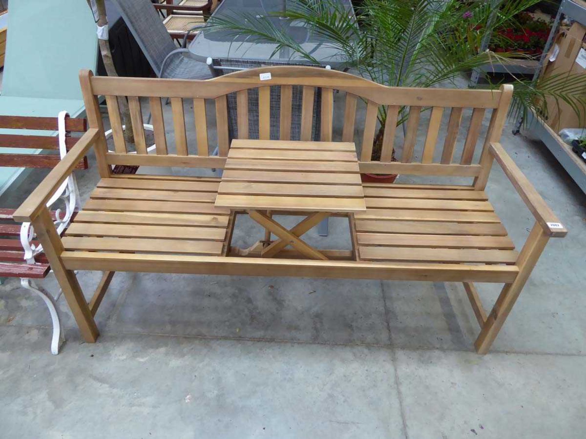 Teak wooden slated 3 seater garden bench with lift top middle section