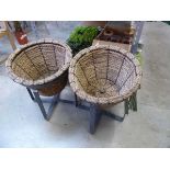 3 decorative metal planters with weathered woven inserts (2 baskets, 1 stand without)