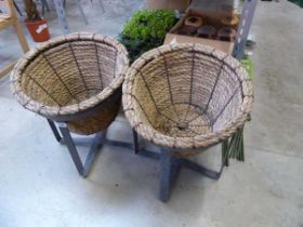 3 decorative metal planters with weathered woven inserts (2 baskets, 1 stand without)