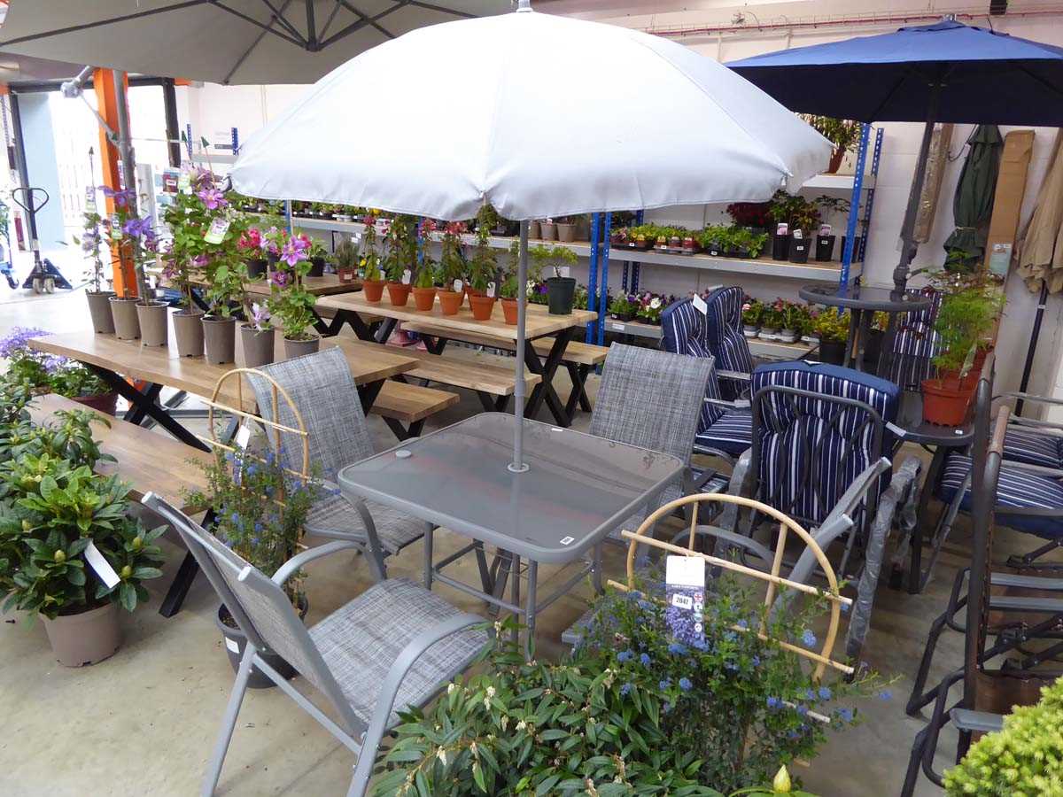 Grey aluminium 6 piece outdoor garden dining set comprising square top glass table and 4 grey