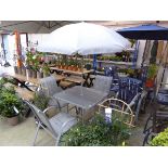 Grey aluminium 6 piece outdoor garden dining set comprising square top glass table and 4 grey