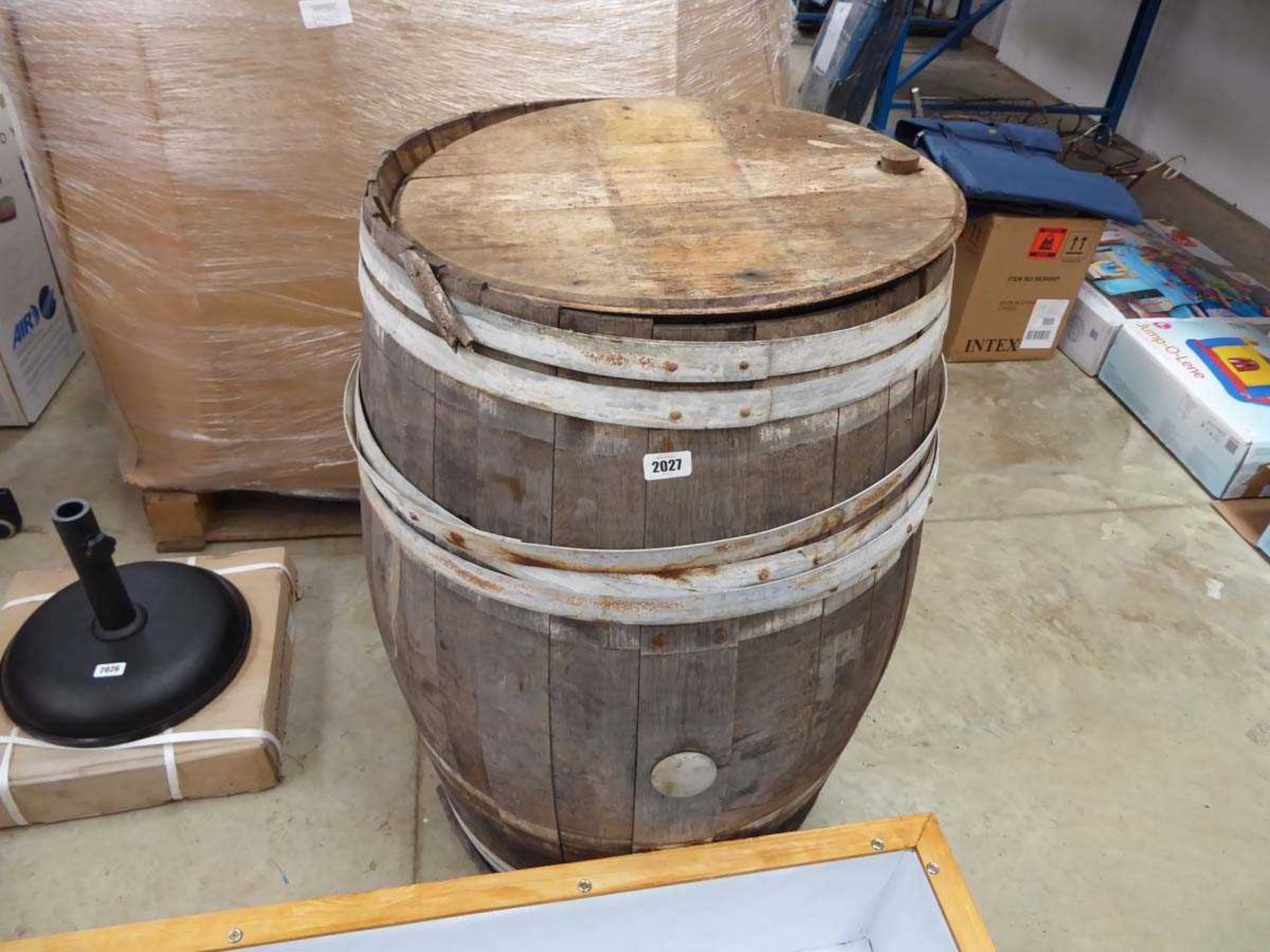 Oak metal banded whiskey barrel