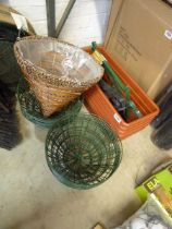 5 plastic garden troughs, together with a quantity of green wire hanging baskets, rattan conical