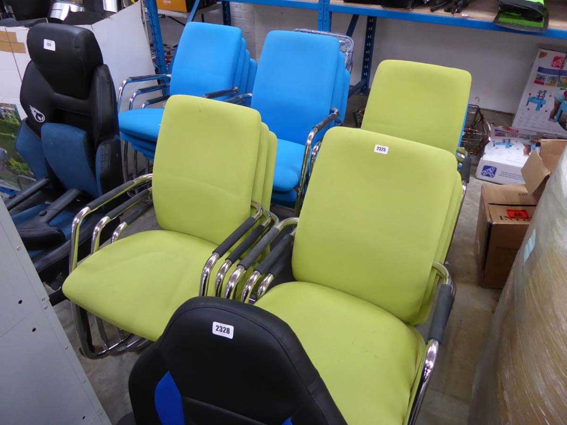 Approx. 17 blue and green cloth stacking conference chairs on chrome tubular legs