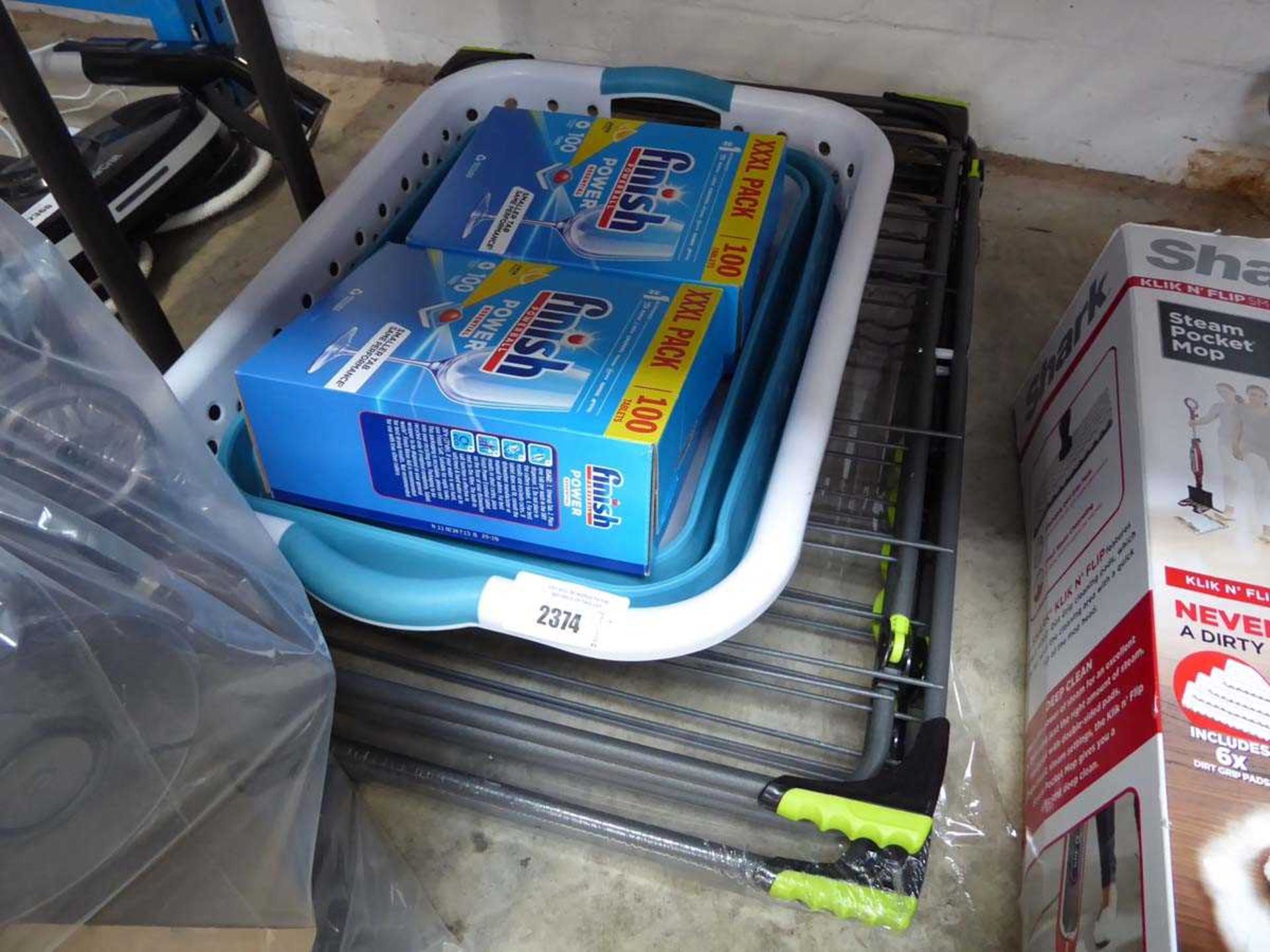 +VAT 2 collapsible laundry airers with expanding laundry basket and 2 tubs of Finish dish washer