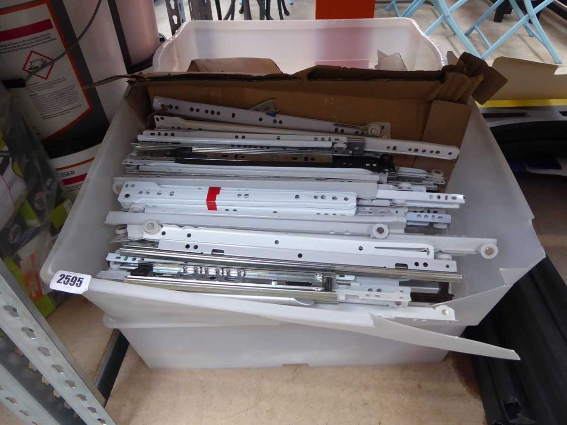 3 crates of various fixtures and fixings incl. bolts, drawer runners, etc.