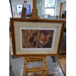 Folding artist's easel and framed and glazed print of fox (ltd. ed. no. 17/300) signed in pencil