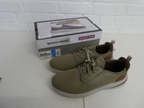 +VAT Boxed pair of Skechers classic fit memory foam trainers in taupe size 12