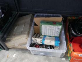Crate containing various miniature railway furniture, controllers, books, etc. plus Southdown