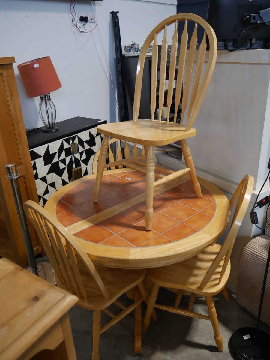 Round extending kitchen table with tile effect top plus 4 chairs