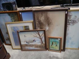 Collection of 7 pictures incl. 1 of fighting hares, 2 of ducks in flight, countryside scene, picture