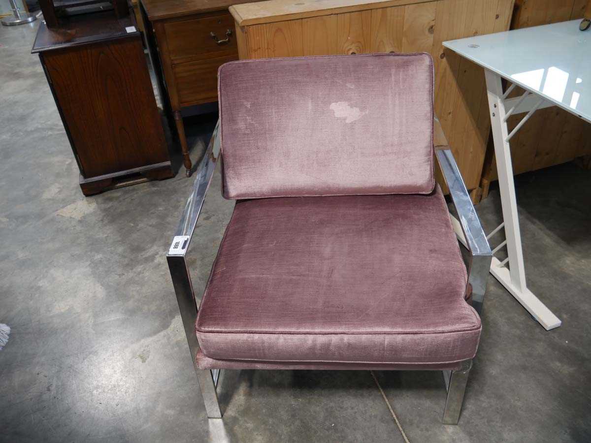 +VAT Chrome framed easy chair with pink metallic upholstered seat and back cushions