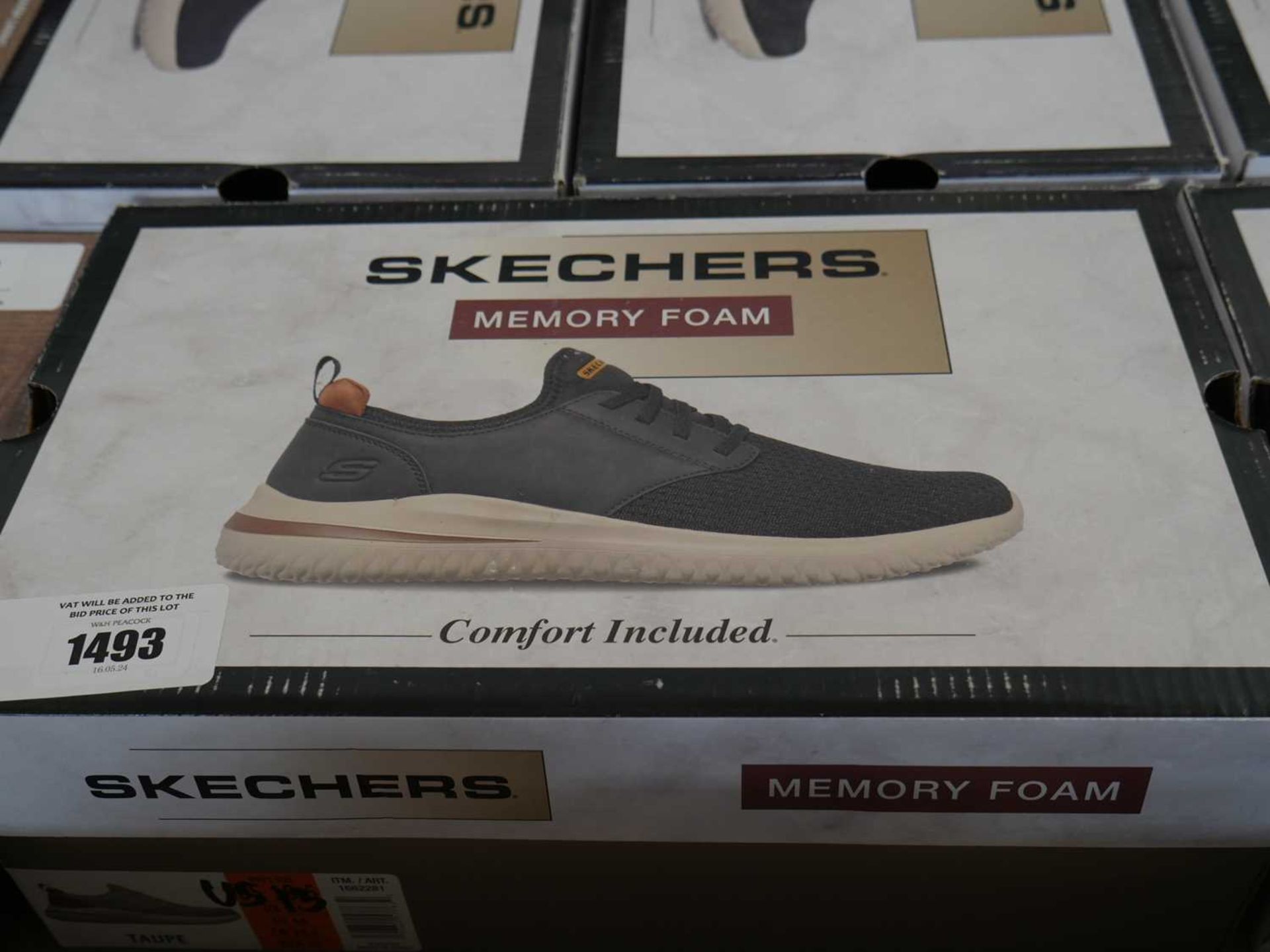 +VAT Boxed pair of Skechers classic fit memory foam trainers in taupe size 12 - Image 2 of 2