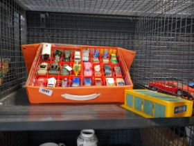 Orange carry case containing various collectible diecast cars to include Husky, Lesney, Corgi etc.