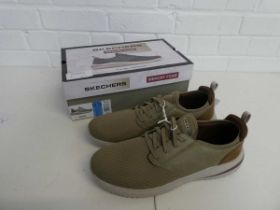 +VAT Boxed pair of Skechers classic fit memory foam trainers in taupe size 12