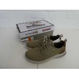 +VAT Boxed pair of Skechers classic fit memory foam trainers in taupe size 9.5