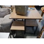 Small light oak effect square dining table on black metal frame with 4 stools