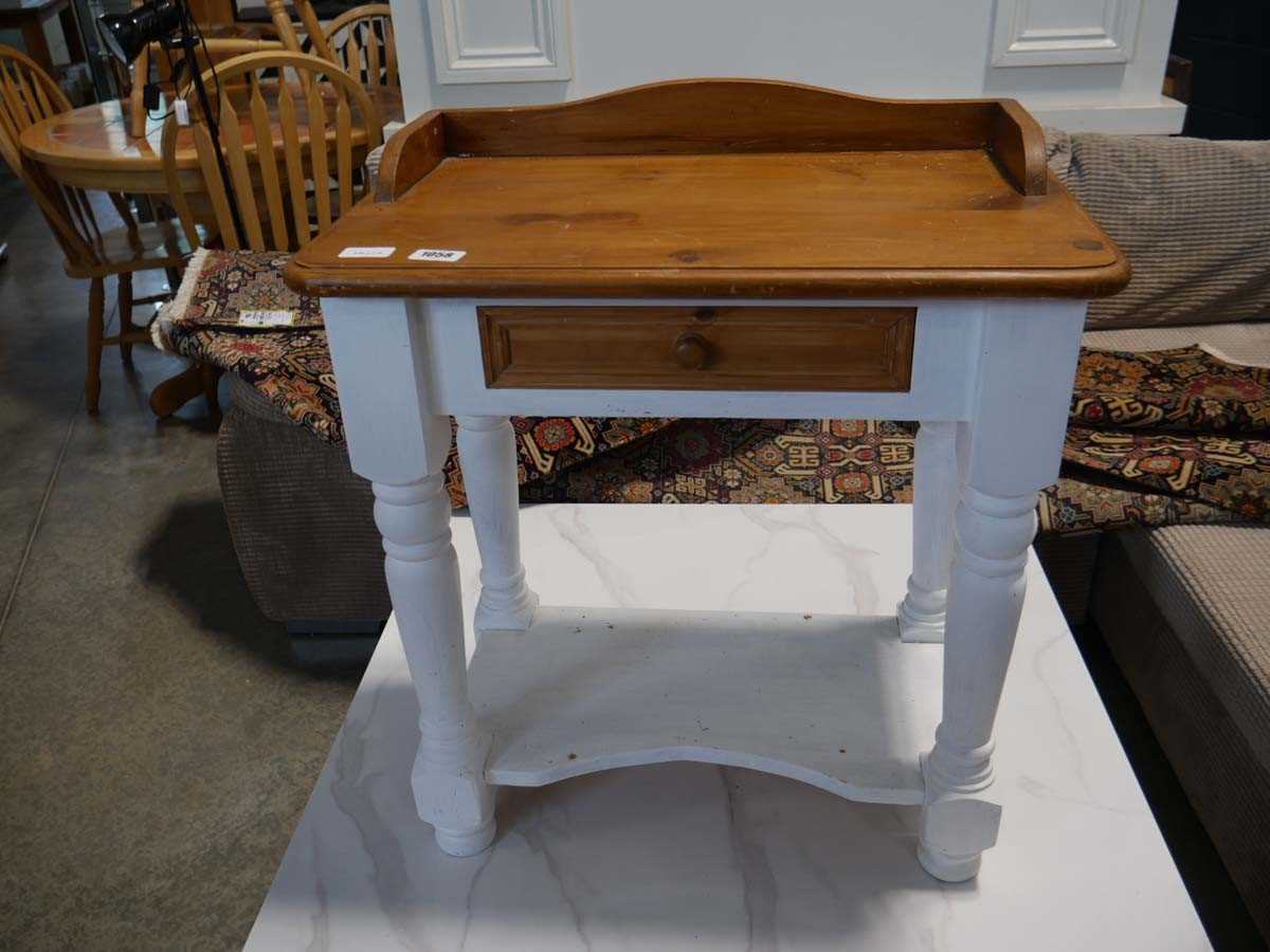 Pine side table with drawer, the bottom half painted in white