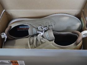+VAT Boxed pair of Skechers classic fit memory foam trainers in taupe size 12