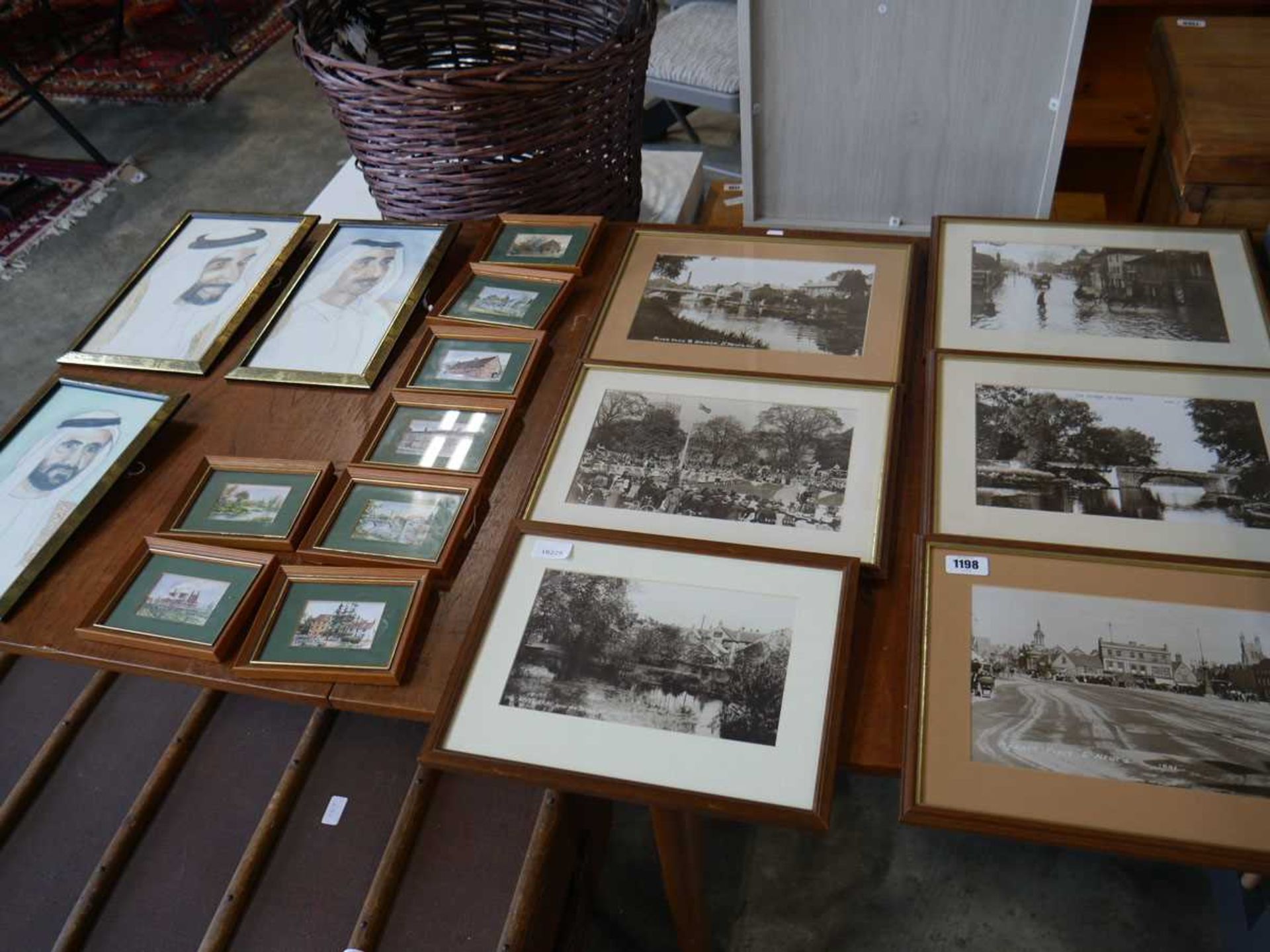 Table top of various pictures to include vintage style photographs of St Neots and surrounding