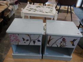 Blue painted pair of single drawer night stands with decorative drawer fronts plus 2 tier similar