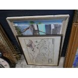 Framed map by Gerard Mikata of the Lothian region, Scotland with oil on board of Caribbean scene