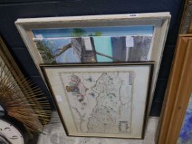 Framed map by Gerard Mikata of the Lothian region, Scotland with oil on board of Caribbean scene