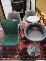 Set of 4 various style stools and 1 dining chair Light grey bar stool has slashes to upholstery