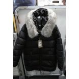 +VAT Ladies DKNY coat with fur hood. Size: Medium.