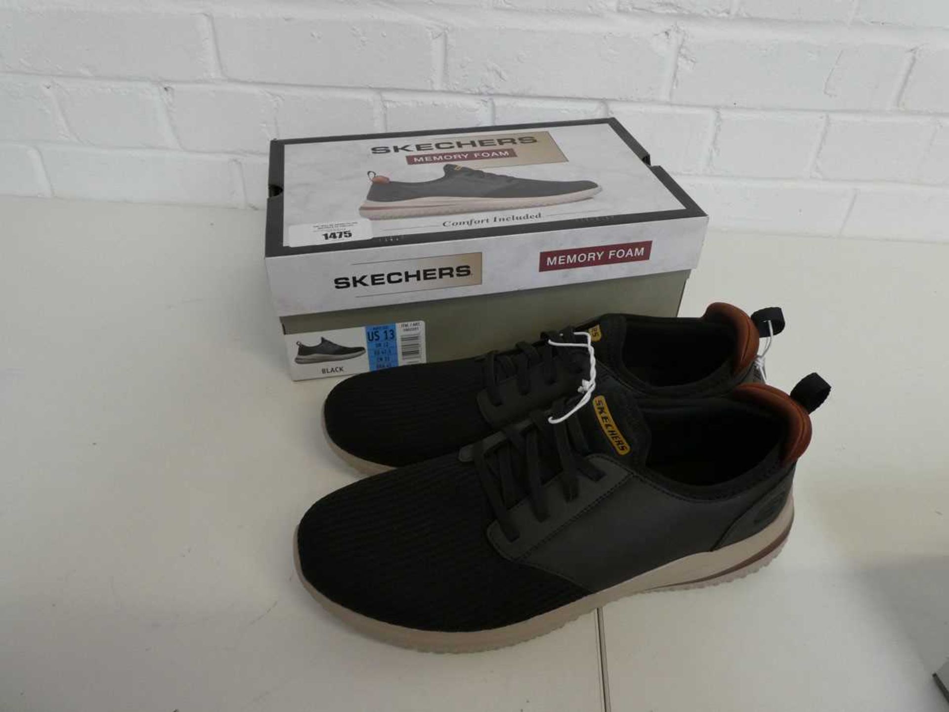 +VAT Boxed pair of Skechers classic fit memory foam trainers in black size 12