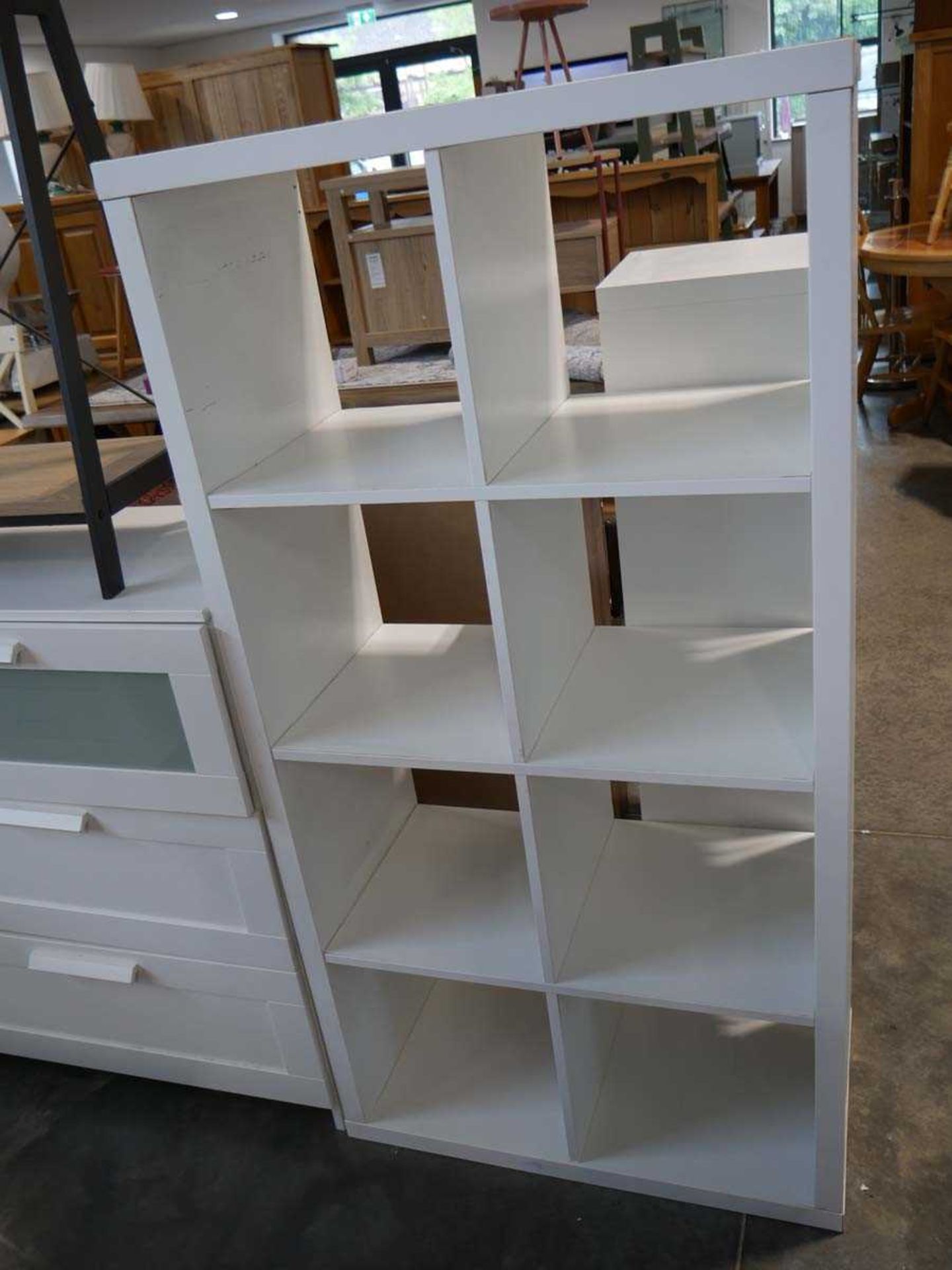 Small white shelving unit together with a white kallax style shelving unit - Image 2 of 2