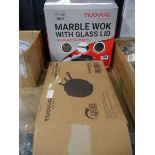 Boxed Nuovva 3 piece cast iron skillet with boxed Nuovva marble wok with glass lid