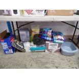 +VAT Under bay containing mixed cleaning related items incl. Vileda mop, tissues, womens sanitary