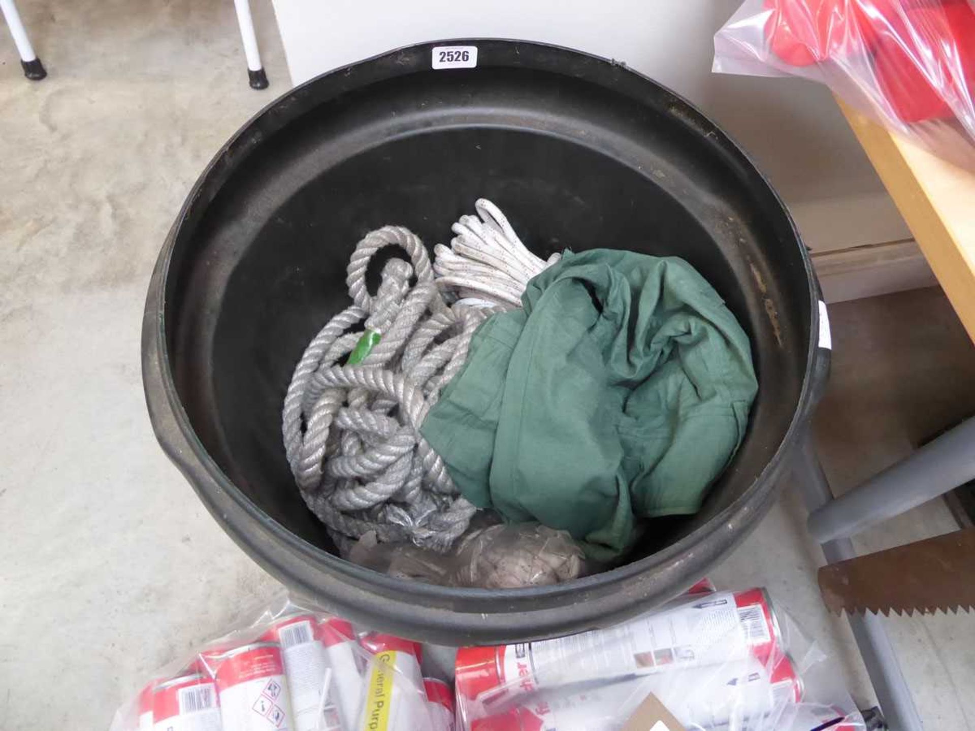 Tub containing various size rope