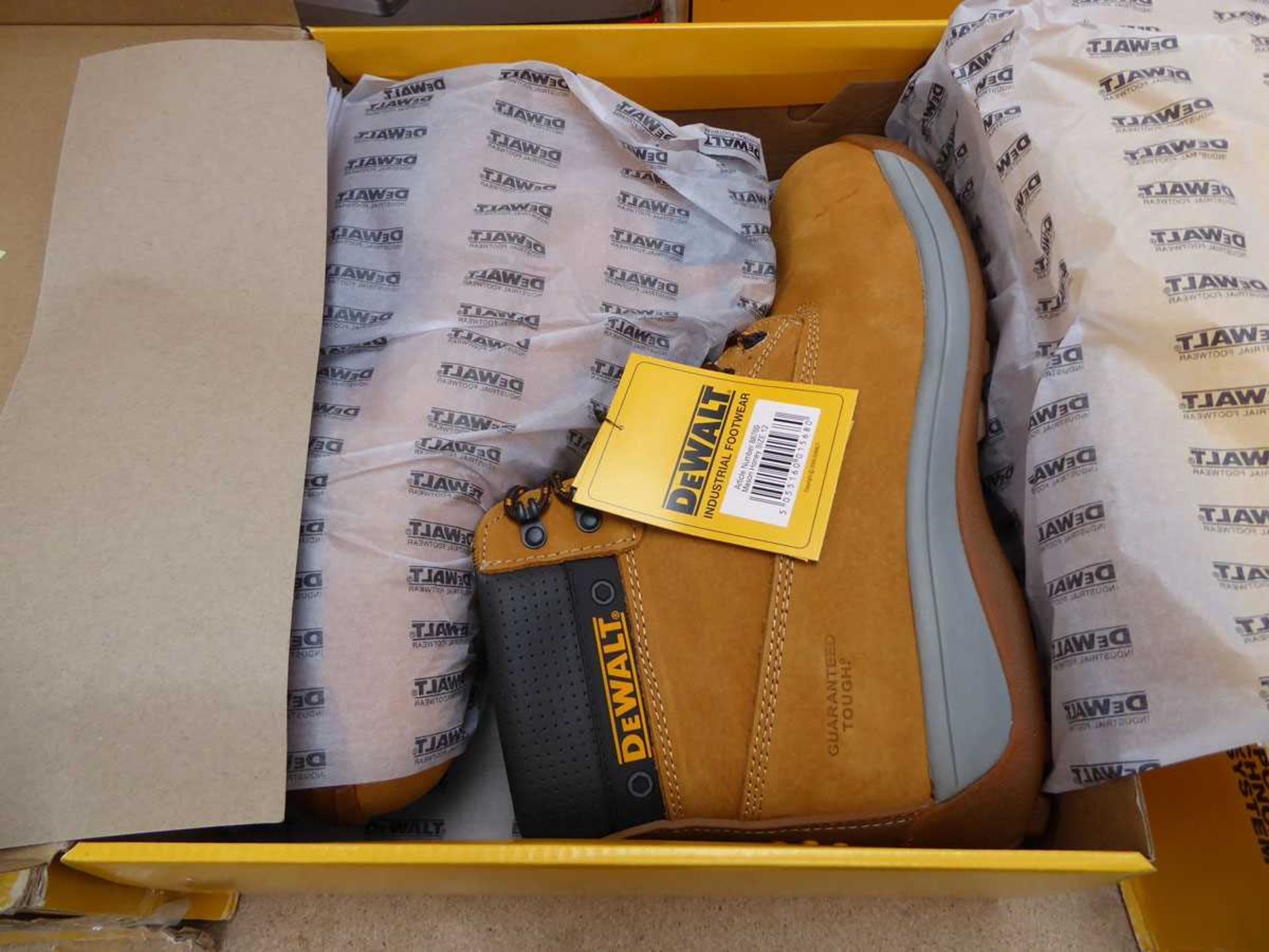 +VAT Boxed pair of DeWalt Mason steel toe safety boots in tan (size 12) - Image 2 of 2