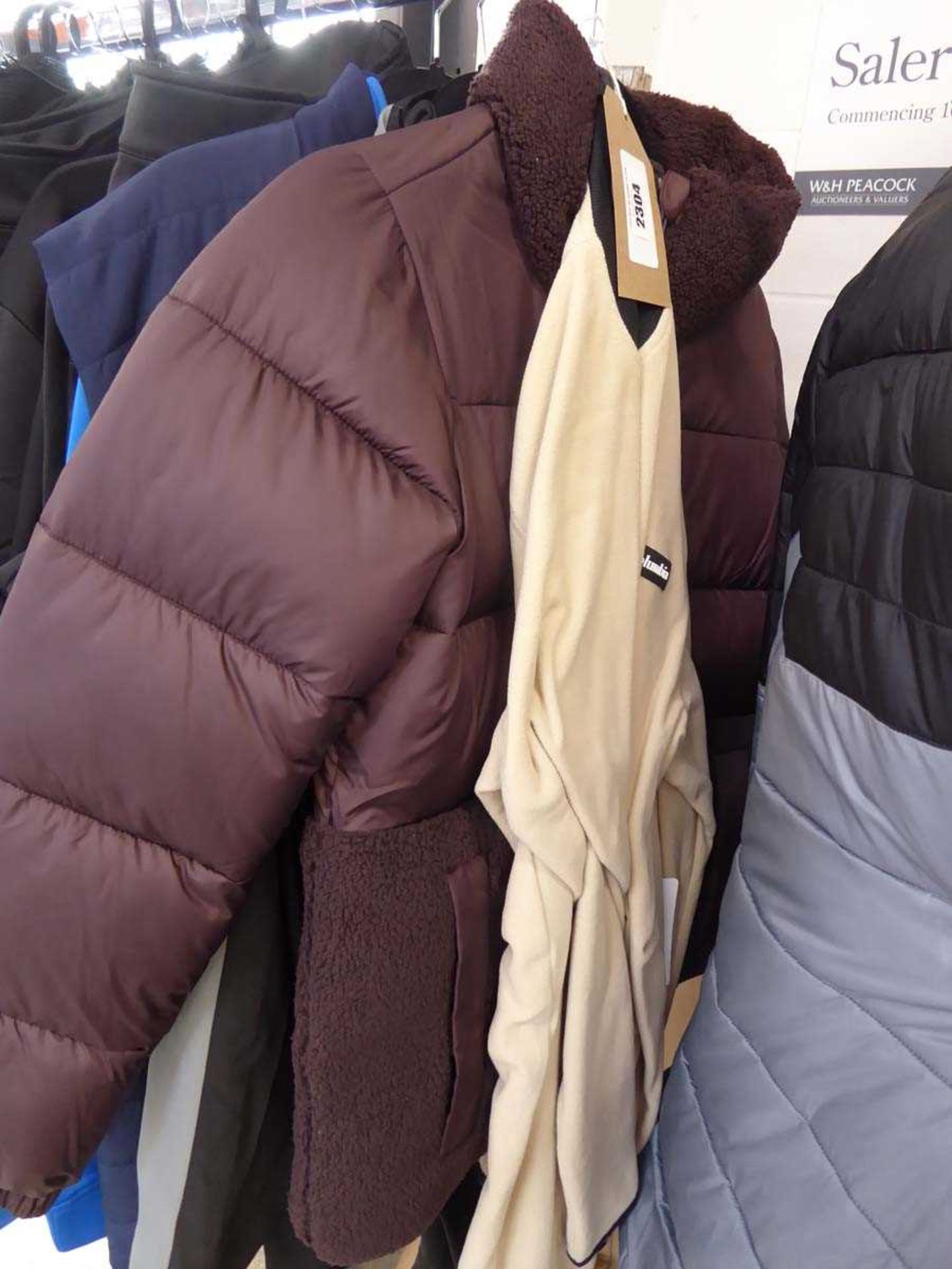 +VAT Mens Columbia jumper in beige and black with womens Columbia puffer jacket in brown (size S)
