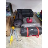 Quantity of mixed camping related items incl. sleeping bags, kettle, rotary line, etc.