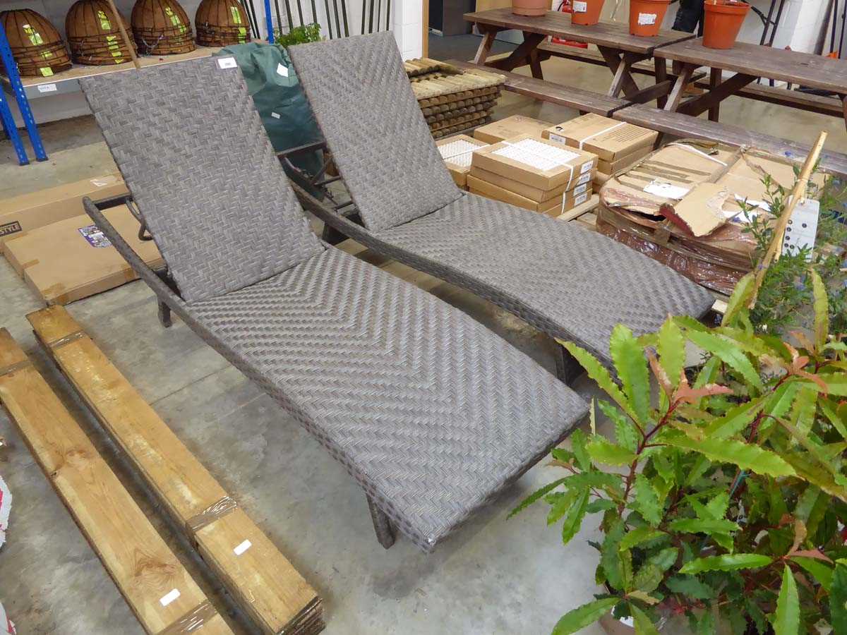 +VAT Pair of grey rattan garden sun loungers