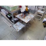 Wrought iron 3 piece garden bistro set comprising mosaic tile top table and 2 chairs