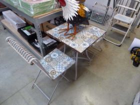 Wrought iron 3 piece garden bistro set comprising mosaic tile top table and 2 chairs