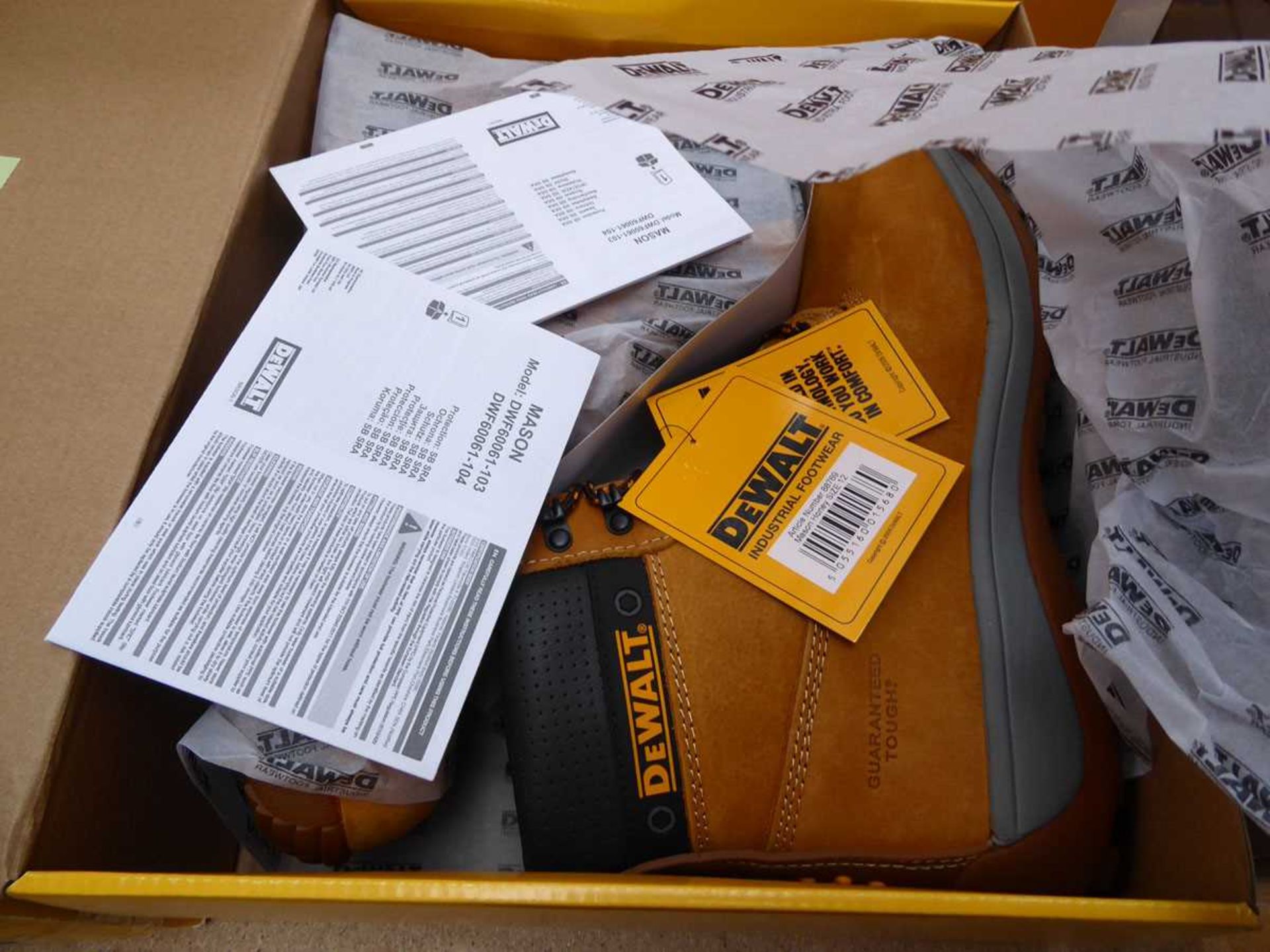 +VAT Boxed pair of DeWalt Mason steel toe safety boots in tan (size 12) - Image 2 of 2