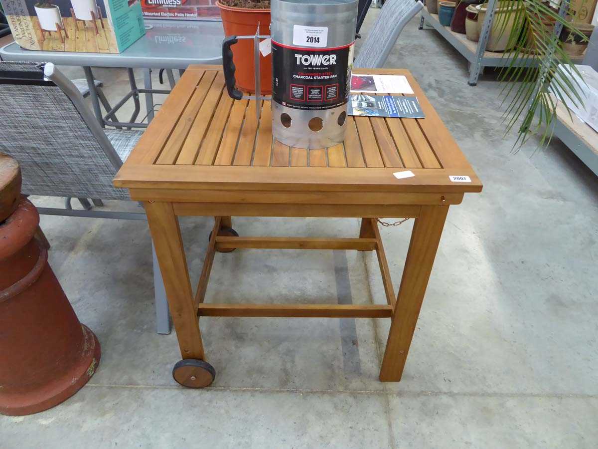 Teak 2 wheel BBQ side table