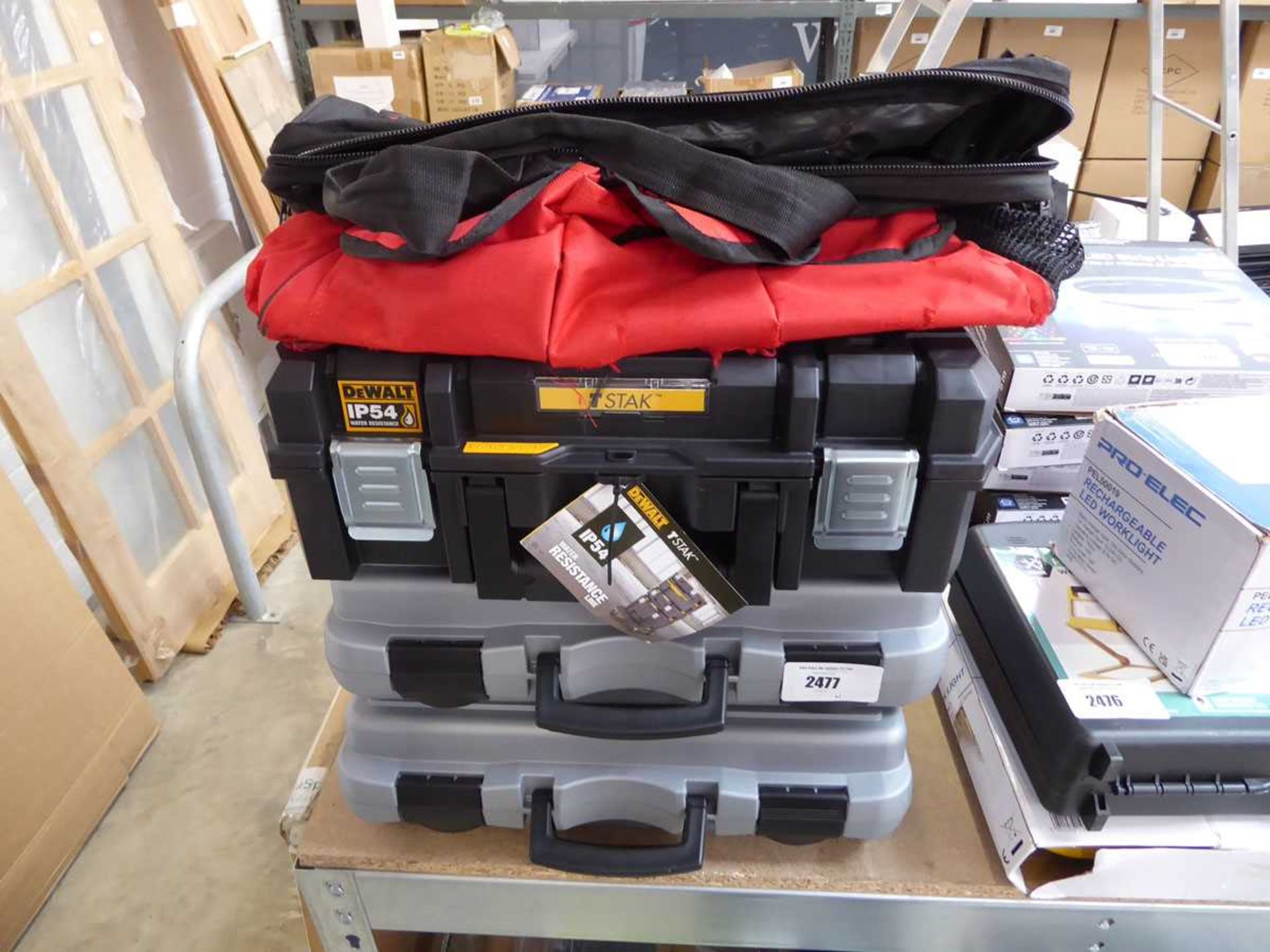 +VAT DeWalt TSTAK toolbox with Duratool zip up tool bag and 2 grey drill cases