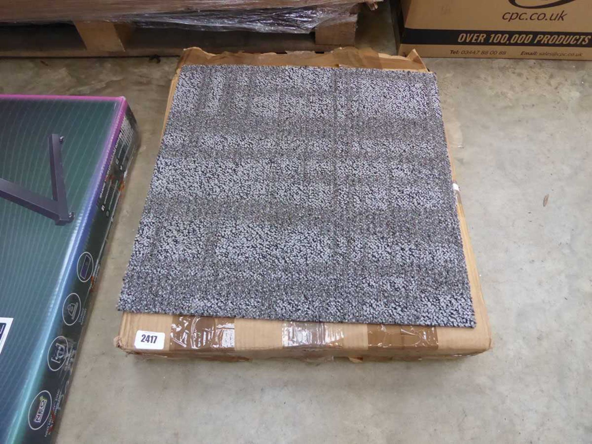 Box containing large quantity of grey carpet tiles
