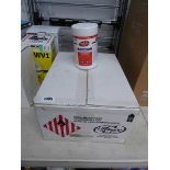 Box containing 12 canisters of alochol and hand sanitising wipes