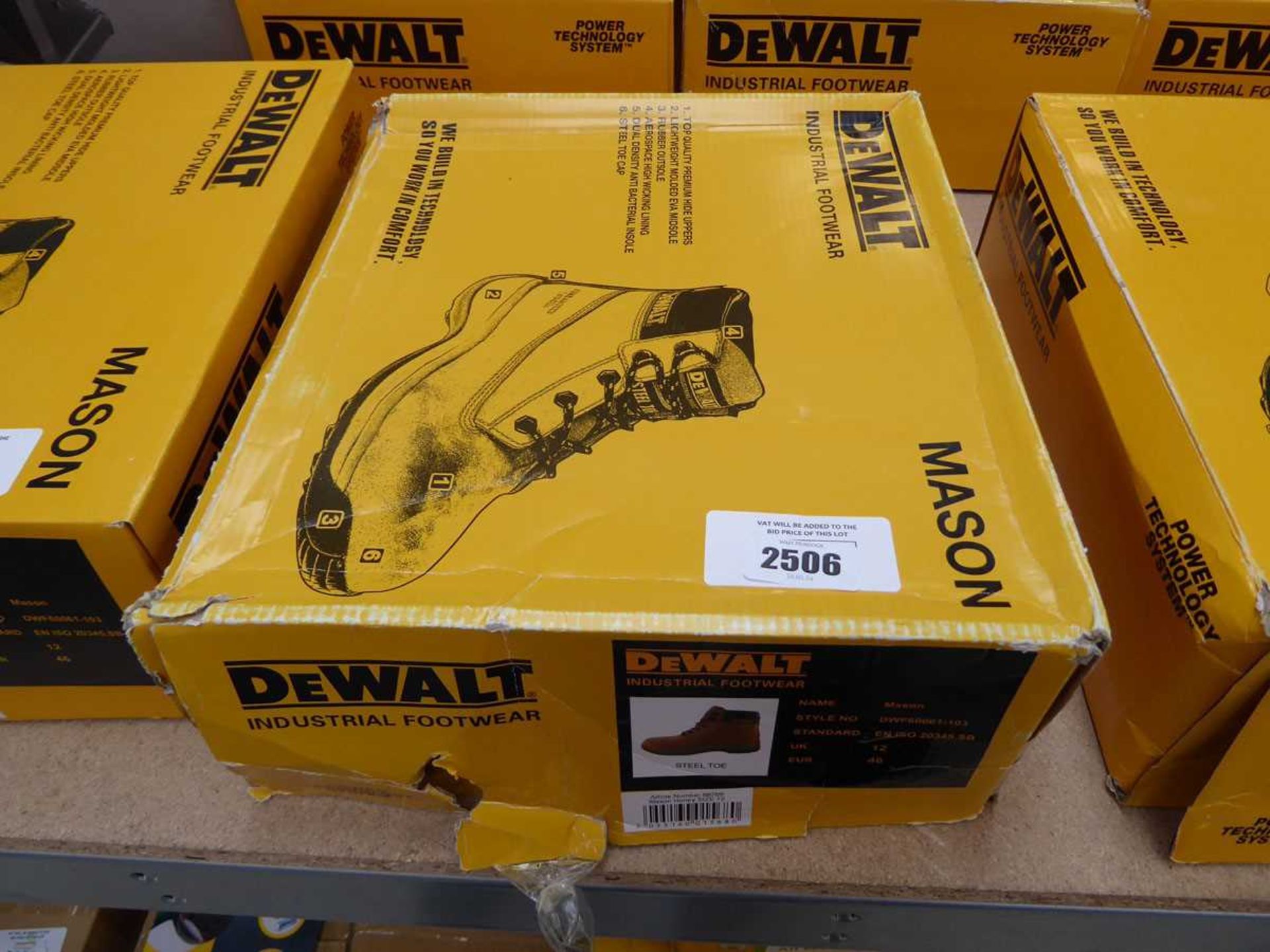 +VAT Boxed pair of DeWalt Mason steel toe safety boots in tan (size 12)