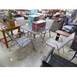 Grey aluminium 5 piece garden dining set comprising square glass top garden table with 4 matching