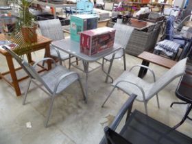 Grey aluminium 5 piece garden dining set comprising square glass top garden table with 4 matching